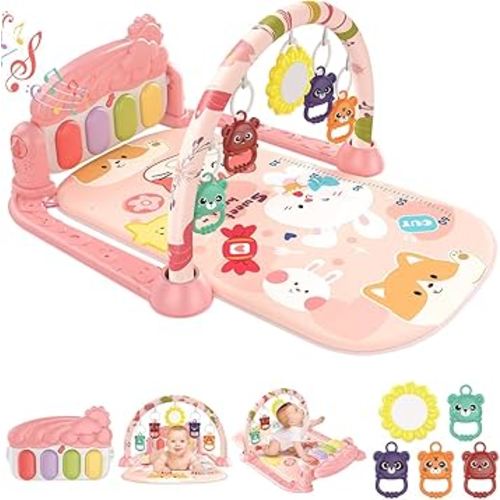 dearlomum Baby Gym Play Mat with 4-Key Musical Piano Play Activity Center with Hanging Toys Tummy Time Mat for Infants and Toddlers Lights Sounds and Sensory Development (Pink Animal Theme)