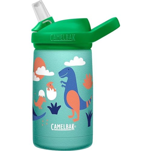 CamelBak Eddy+ Kids Bite Valve Straw Insulated Stainless Steel Water Bottle Dino Volcanos, 12oz