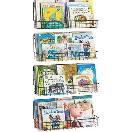 Wall Mounted Metal Kids Bookshelf, Floating Book Shelves for Kids Nursery Toddler Classroom, Hanging Book Shelf Organizer for Room Decor, Black, Set of 4