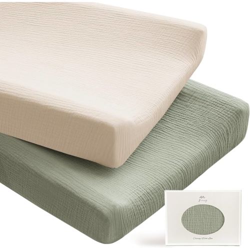 Konssy 2 Pack Muslin Changing Pad Covers for Boys, Ultra Soft & Breathable Cotton Baby Diaper Changing Table Covers, Neutral Nursery Diaper Changing Pad Sheets (Fog Green,Cream)