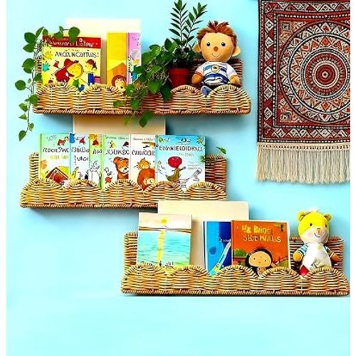 3Set Nursery Book Shelves,Artisanal Natural Rattan Scalloped Bookshelf for Wall,Boho Floating Book Shelves for Kids,Wicker Baby Book Shelf & Wall Basket for Nursery Storage,Montessori Bookcase 15.8"