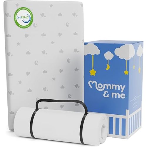 Mommy&Me Pack and Play Mattress Pad (38"x26"x1") with Soft Washable Breathable Cover, Waterproof, CertiPUR-US Certified Foam, Pack&Play Topper - Portable Foam Mini Crib Mattress for Baby Toddler