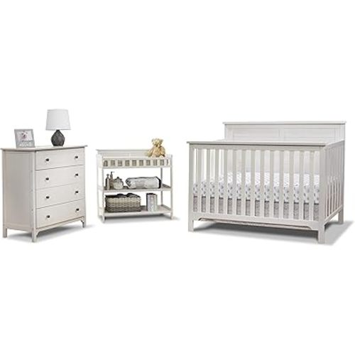 Sorelle Furniture Farmhouse 3-Piece Nursery Set with 4-in-1 Convertible Crib, 4-Drawer Dresser, and Changing Table with Shelves, Baby Furniture Made of Wood, Non-Toxic Finish-Weathered White