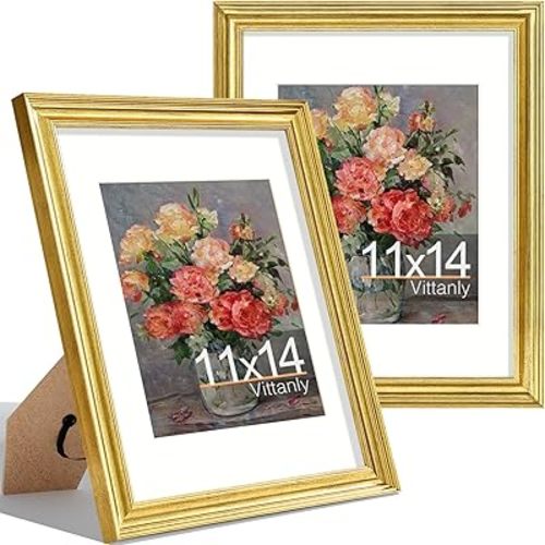 Vittanly 11x14 Picture Frames Set of 2, Ornate Vintage Photo Frame for Wall or Tabletop, Display 8x10 Pictures with Mat or 11x14 without Mat, Rustic Gold