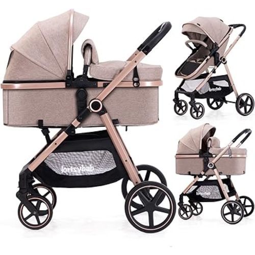 2-in-1 Baby Stroller with Bassinet Mode - Folding Infant Newborn Pram Stroller with Reversible Seat - Toddler Strollers for 0-36 Months Old Babies (Beige)