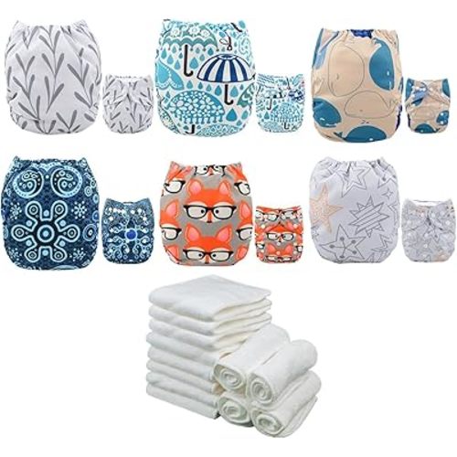 ALVABABY Cloth Diaper Reusable Washable Adjustable Pocket Infant Toddler Baby Boys Girls Sets 6 Packs Cloth Diapers Nappies With 12 Microfiber Inserts
