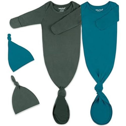 2Pack Knotted Gown Baby, Super Soft Long Sleeve Newborn Hospital Outfit Boy Girl Coming Home, Built-In Mittens Clothes