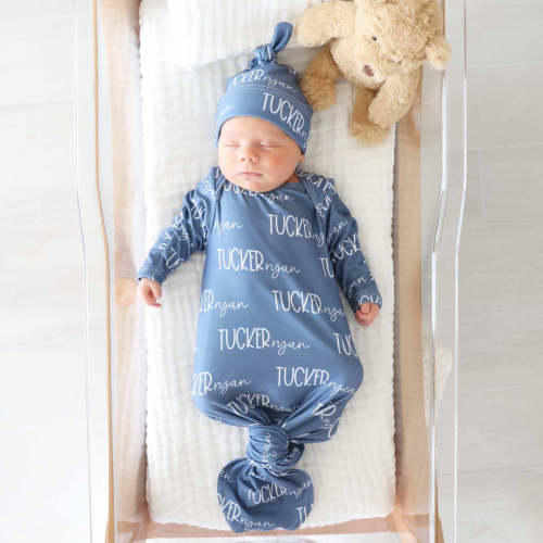 Personalized Font Duo Newborn Baby Knot Gown | Best Selling Blues
