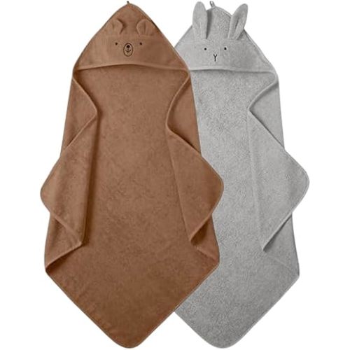 Denmark - Premium Organic Cotton Baby Bath Towel – Hooded Toddler and Baby Towels for Newborn Girl and Boy – Super Soft and Absorbent, 32 x 32-2-Pack (Towel Rabbit Pearl Grey/Bear Natural)