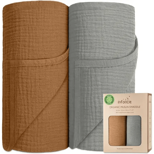 Organic Cotton Baby Muslin Blanket - Breathable, Large 47x47 inches for Baby Swaddle Blanket Hypoallergenic Muslin Baby Blankets, Versatile, Double Layer (Gold/Sage)