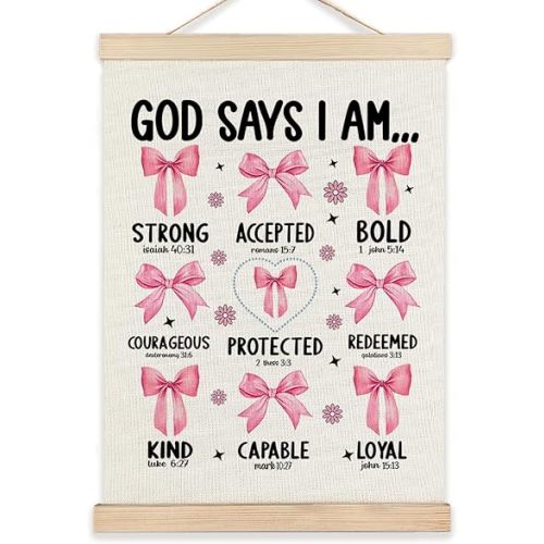 RYYCDOI Pink Bow Bathroom Decor, God Says I Am Bows Wall Decor, Coquette Wall Decor for Nursery Girls Room Bathroom Bedroom, 12x16 Inch