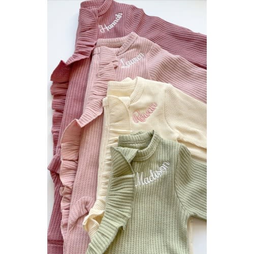 Baby Name Newborn Waffle Knit Ruffled Footie With Bow - Baby Girl Coming Home Outfit - Hospital Outfit for Baby Girls