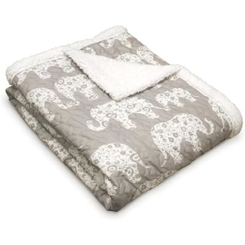 Lush Decor Elephant Parade Throw Fuzzy Reversible Sherpa Blanket, 60” x 50”, Gray & White