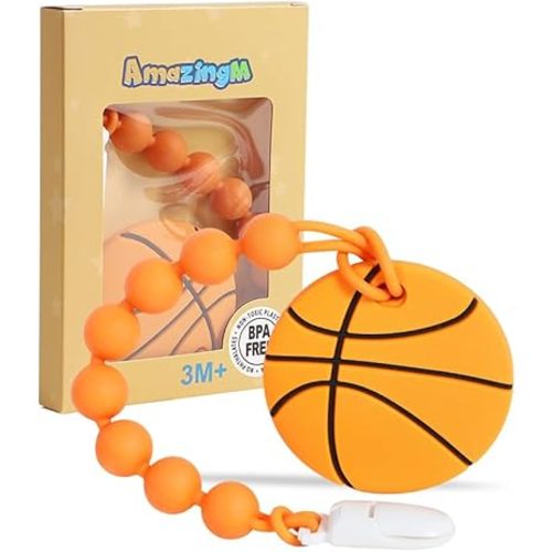 Baby Food Grade Silicone Sport Ball Teether Toy with One Piece Design Pacifier Clip Holder,Teething Pain Relief Toys Gift Set for 3 Months+ Boys and Girls,Freezer Safe,BPA Free. (Basketball)