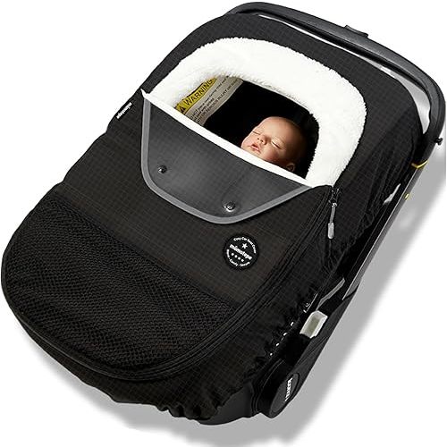 Winter Baby Car Seat Cover, Rain and Snow Repellent, Windproof Warm Fleece Breathable with U Shape Zipper for Newborn Car Seat, Universal for Infant Car Seat, Black