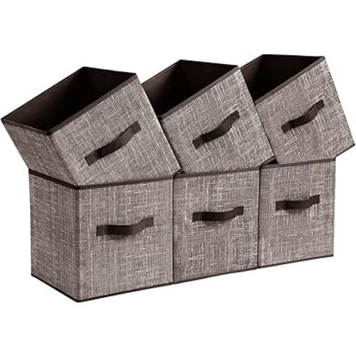 SONGMICS Storage Cubes, 11-Inch Non-Woven Fabric Bins with Double Handles, Set of 6, Closet Organizers for Shelves, Foldable, for Clothes, Walnut Color UROB026K02