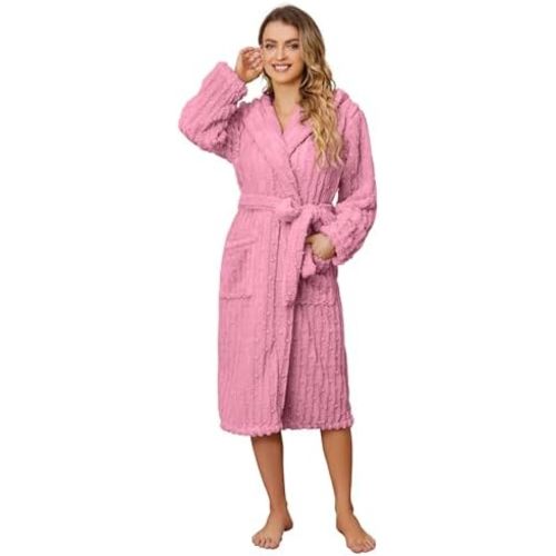 HEARTNICE Fuzzy Soft Robes for Women, Long Plush Hooded Robe Fluffy Warm Bathrobes