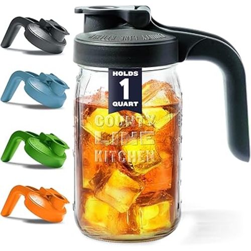 County Line Kitchen Glass Mason Jar Pitcher with Lid - Wide Mouth, 1 Quart (32 oz) - Heavy Duty, Leak Proof - Sun & Iced Tea Pitcher, Cold Brew Coffee, Breast Milk Storage, Water - Gray