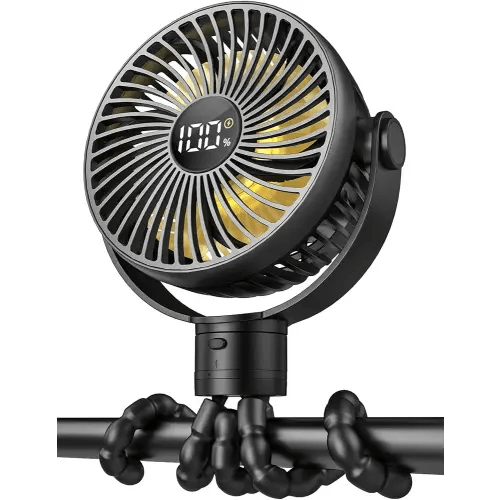 Coohea Portable Stroller Fan, 25H Long-lasting, 4 Speed, Night Light, Black