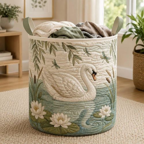 Swan Quilted Laundry Basket, Cottagecore Storage Bin, Water Lily Fabric Hamper, Farmhouse Blanket Organizer 14" x 18" sold by Pipe Pipper | SKU 2638323129 | Printerval