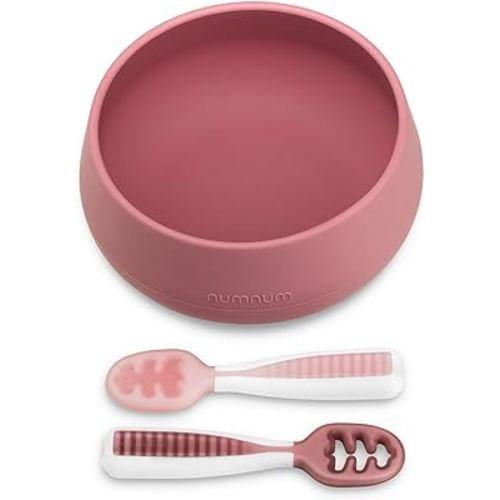 NumNum Suction Bowl + Pre-Spoon GOOtensils Self Feeding Set for Babies & Toddlers | Baby Spoon Set (Stage 1+ 2) | 100% Food Grade Silicone BPA-Free | Strong Suction | 4 months+ (Mauve)