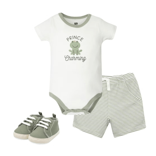 Hudson Baby Boy Cotton Bodysuit, Shorts and Shoe Set, Prince Frog, 6-9 Months