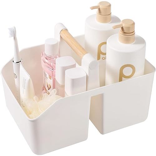 rejomiik Portable Shower Caddy Basket with Bamboo Handle, Plastic Cleaning Caddy Bathroom Organizer Tote for College Dorm Essentials, Bath Toy Storage, White