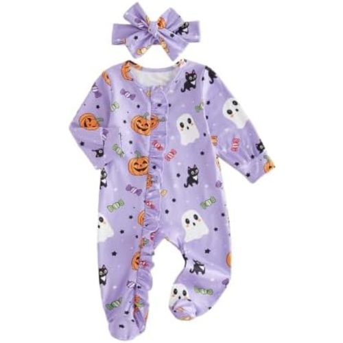 Baby Girl Halloween outfit Pumpkin Ghost Footie Zipper Jumpsuit