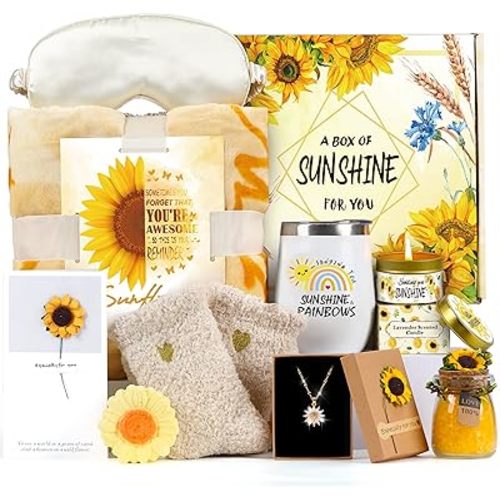 Sunflower Gifts for Women Sending Sunshine Gift-Get Well Gift-Self Care-Birthday Gifts for Women Unique-Thank You- Retirement Gift Baskets-Inspirational Blanket for Her Grandma Mom Wife Friends Sister