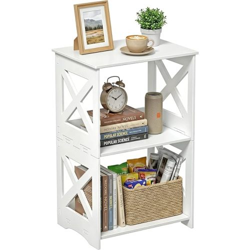 BYFU White Side Table, Small End Table with Storage Shelf, 3-Tier Nightstand Bedside Table Bookshelf Bookcase Display Rack for Small Spaces Bedroom Bathroom Living Room Office (3 Tier, 1)