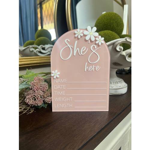 She's Here Baby Stat Sign Baby Girl Hospital Sign Acrylic Baby Birth Announcement Hello World Sign Newborn Photo Prop Baby Shower Gift