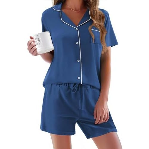 Ekouaer Pajamas Set for Women Short Sleeve Sleepwear Button Down Pjs Soft 2 Piece Lounge Sets XS-XXXL