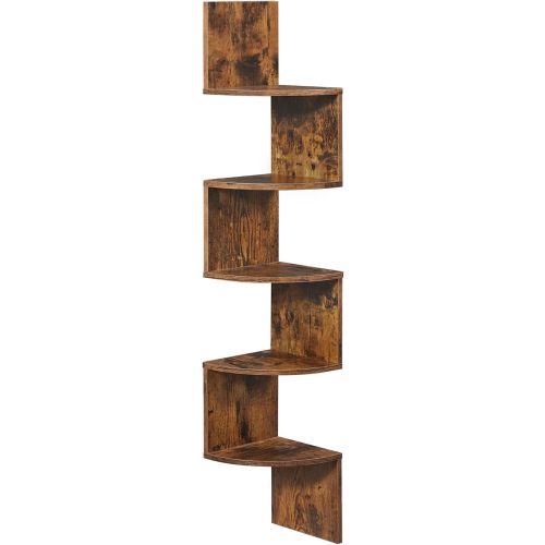 VASAGLE Corner Shelf Wall Mount, 5-Tier Floating Corner Bookshelf, Plant Shelf for Bedroom, Living Room, Bathroom, Home Office, Rustic Brown ULBC72BX