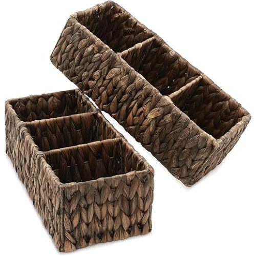 Casafield Set of 2 Water Hyacinth Basket Organizers with 3 Sections, Espresso - Woven Storage Bins for Bathroom, Laundry, Pantry, Office, Shelves