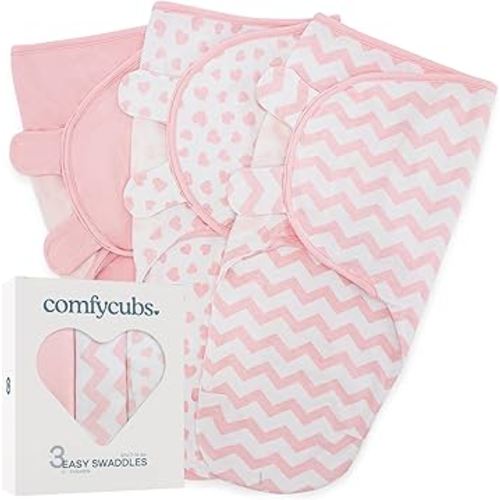 Comfy Cubs Easy Swaddle Blanket, 3 Pack - 100% Cotton Newborn Wrap, Small for 0-3 Months Infants, with Adjustable Velcro, Breathable and Durable Sleep Sack for Babies - Pink