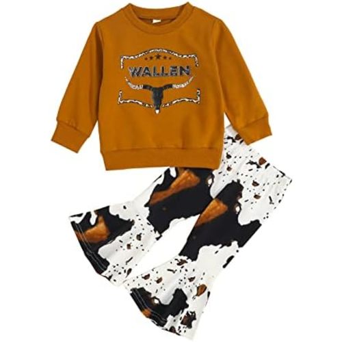 Toddler Baby Girl Fall Winter Clothes Set Letter Print Pullover Sweatshirt Top+Cow Spot Flared Pants Bell Bottom Outfits