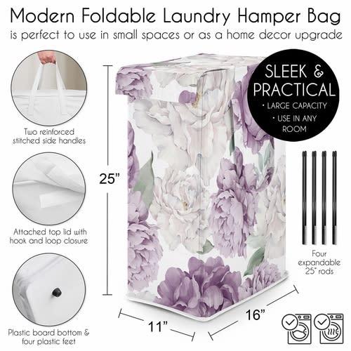 Peony Floral Garden Lavender Purple and Ivory Collection Laundry Hamper with Handles