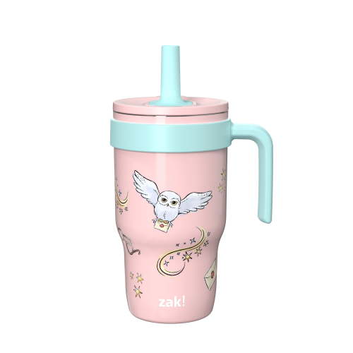 Zak Designs 10oz Harry Potter Kids Handle Tumbler, Stainless Steel Tumbler with Soft Silicone Straw, Leak-Proof, Easy to Hold, Pink