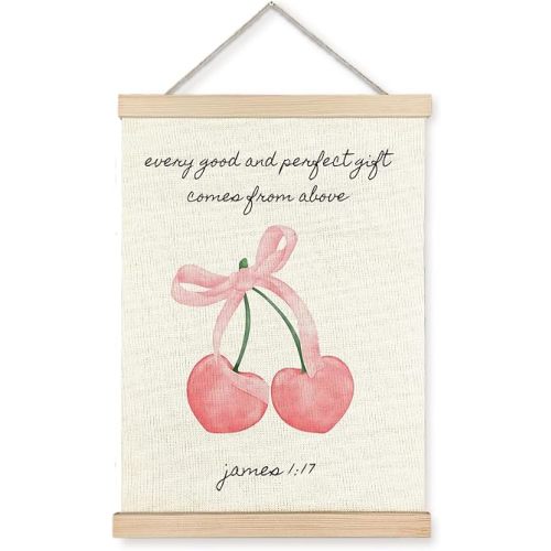 Jvpke Pink Bow Cherry Christian Wall Art Poster Framed, Preppy Coquette Cherry Room Decor, Bible Verses James 1:17 Girly Cherries Wall Decor Prints for Home Girls Bedroom Dorm, 12x16 Inch