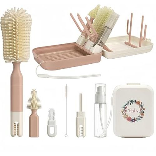8-in-1 Baby Bottle Cleaning Kit with Drying Rack & Storage Case, Portable Silicone Bottle Brush Set for Bottles, Nipples & Straws, Travel Baby Essentials(Green)