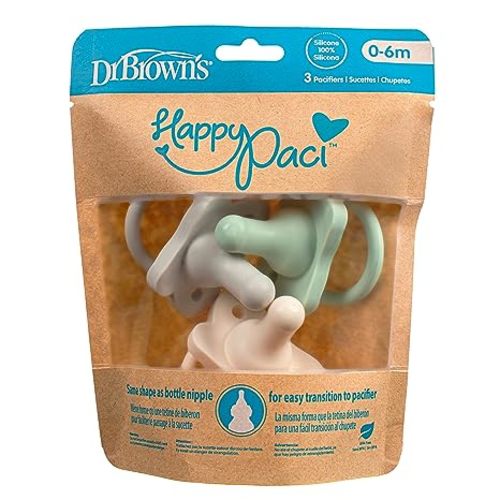 Dr. Brown's HappyPaci 100% Silicone Baby Pacifier, Contoured One-Piece Design, Cool Gray, Green, Ecru, 0-6m, BPA-Free, 3 Pack
