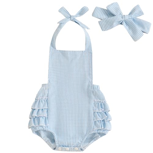 Mubineo Baby Girl Summer Clothes Cute Ruffle Halter Overall Romper Outfits Sleeveless Plaid Overalls Newborn Rompers