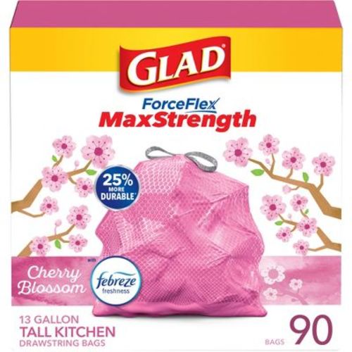 Glad ForceFlex MaxStrength Tall Kitchen Drawstring Pink Trash Bags - Cherry Blossom - 13 Gallon
