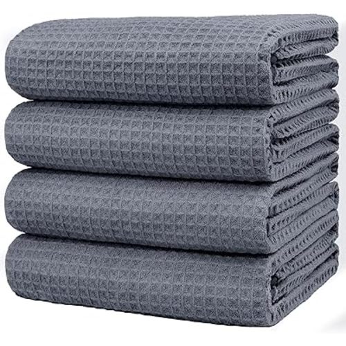 HOMEXCEL Waffle Bath Towels Set 4 Pack, Premium Microfiber Bathroom Towels, Ultra Soft, Lightweight, Highly Absorbent and Quick Dry Towel for Bathroom, Gym, Shower, Hotel, and Spa, 27 x 54 Inch, Grey