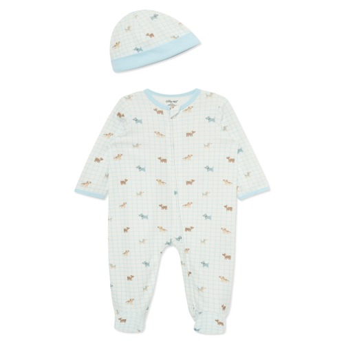 Puppy Grid Cotton Footie & Hat Set (Nordstrom Exclusive)