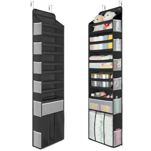 Delamu 1 PC Heavy Duty Over the Door Organizer 61x14x5.5, 6 Large Front & 12 Side Pockets, Hanging Storage Closet Door Organizer for Bedroom, Bathroom Nursery Storage, Black