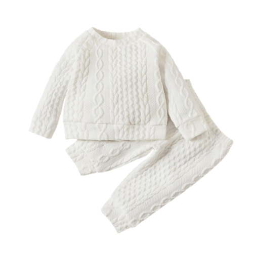 IBTOM CASTLE Unisex Baby Girls Boys Cotton Twist Knit Sweater Long Sleeve T-Shirt Tops + Long Pants 2PCS Outfit Fall Winter Warm Clothes 0-3 Months White