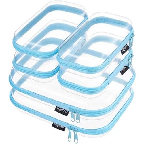 6 Pack Blue Clear Hard Shell Beauty Organizer (2M+4S), 1.2mm Heavy Duty Crush-Proof Cosmetic Case, Reinforced YKK Zippers, Stadium Approved Security Bag for Skincare & Electronics, Multi-Size Set