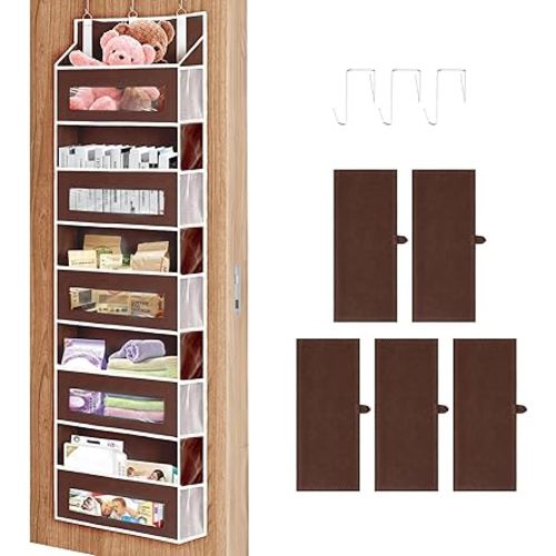 5-Tier Over The Door Storage Organizer with 10 Side Mesh Pockets, 48 lbs Load Capacity, 3 Hooks Design, Door Hanging Organizer with Clear Windows for Bathroom, Bedroom, Nursery, Kitchen-Brown