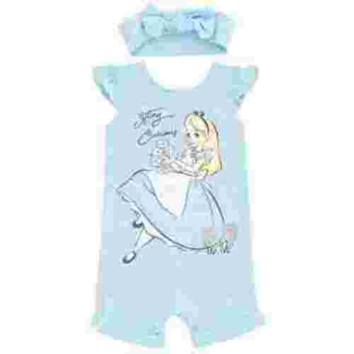 Disney Alice in Wonderland Newborn Baby Girls French Terry Romper and Headband Newborn to Toddler